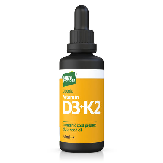 Liquid Vitamin D3 (3000IU) & K2 (MK - 7, 100% trans) in Organic Black Seed Oil / Nigella Sativa - 30ml - Nature Provides