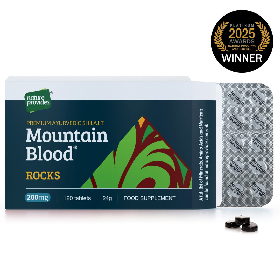 Mountain Blood® Rocks - Premium Ayurvedic Shilajit - 120 x 200mg tablets - Nature Provides