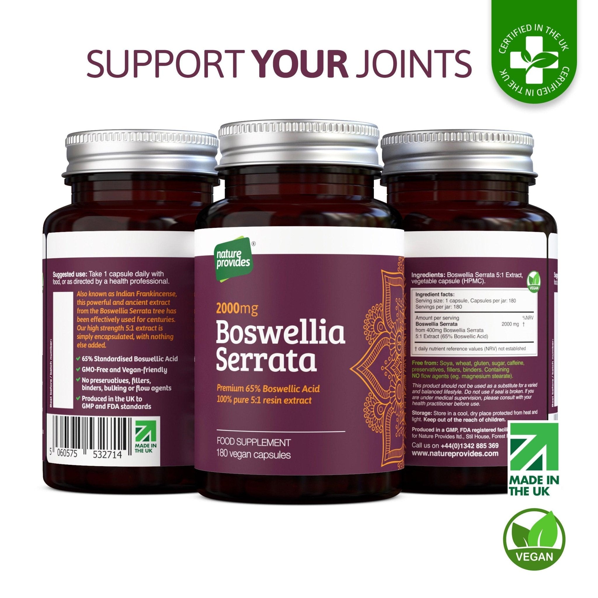 Boswellia Serrata 5:1 Extract 2000mg | 65% Standardised Boswellic Acid - 180 Vegan Capsules - Nature Provides