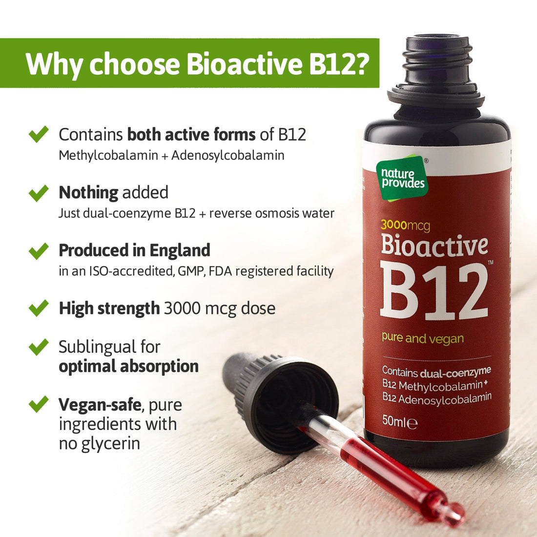 Nature Provides Liquid Vitamin B12 (Bioactive B12, 3000 mcg) Made in the UK - 50ml - Nature Provides