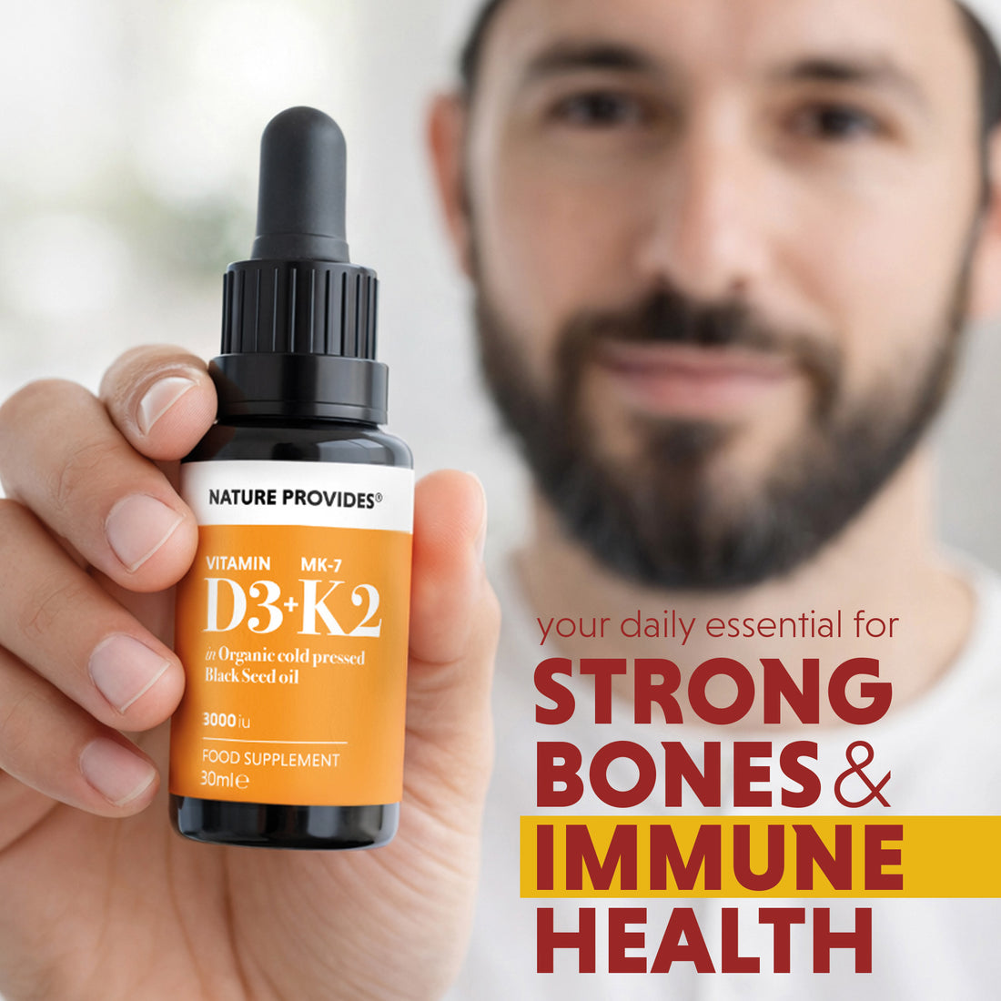 فيتامين د3 السائل (3000 وحدة دولية) و ك2 (MK-7، 100% ترانس) في زيت الحبة السوداء العضوي / حبة البركة - 30 مل