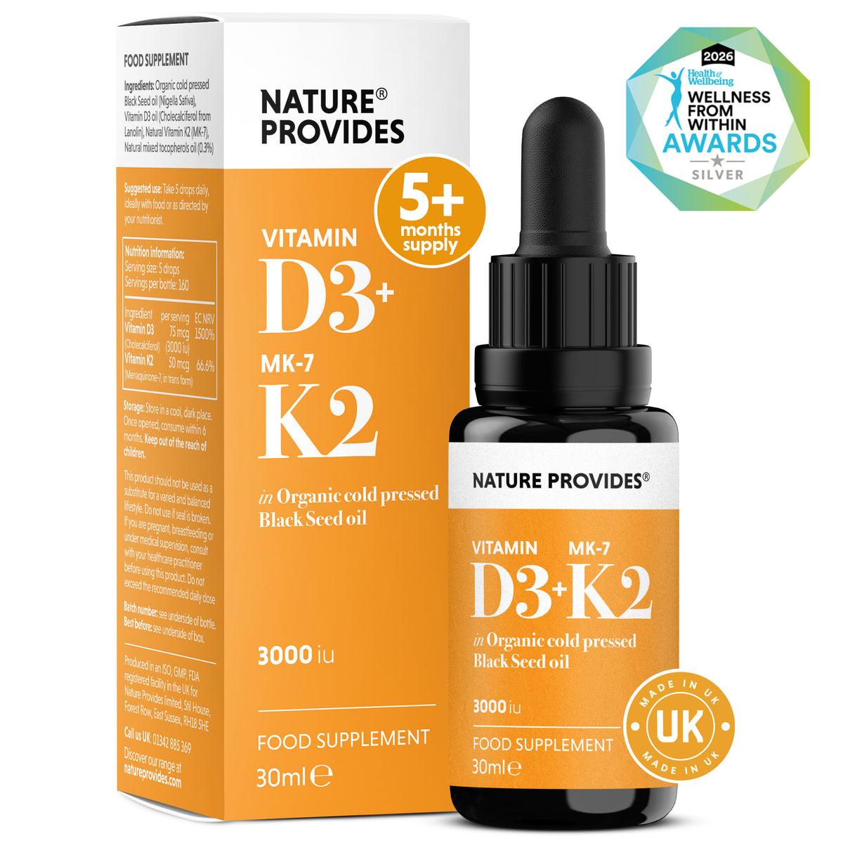 D3+K2 (3000 وحدة دولية) فيتامين د3 وك2 (MK7) السائل في زيت الحبة السوداء العضوي - 30 مل