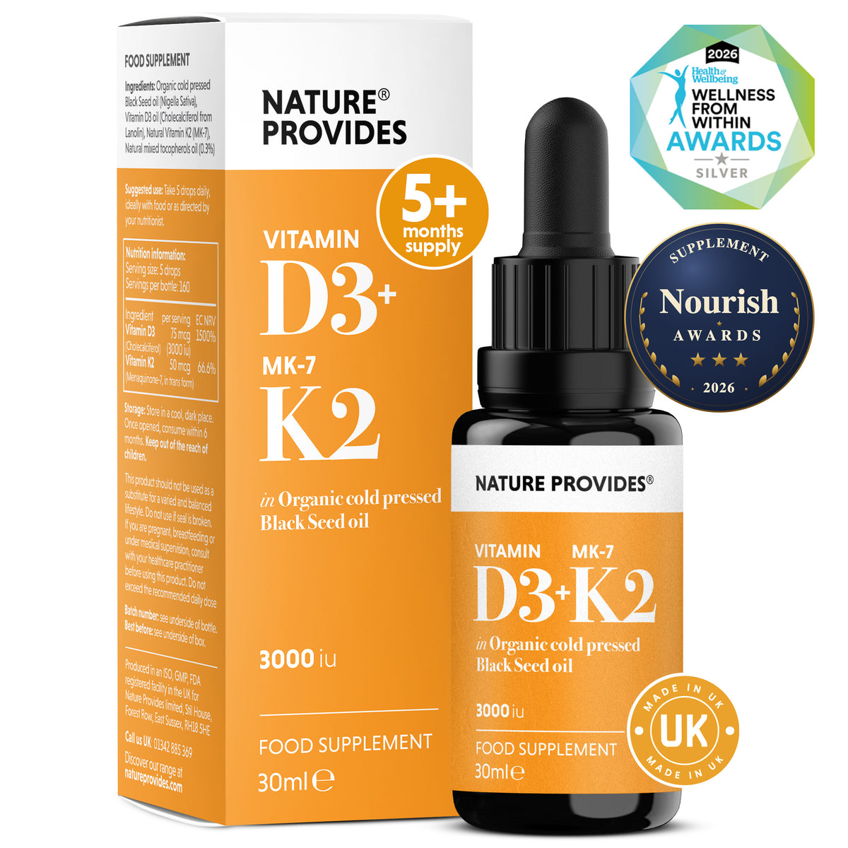 D3+K2 (3000 وحدة دولية) فيتامين د3 وك2 (MK7) السائل في زيت الحبة السوداء العضوي - 30 مل