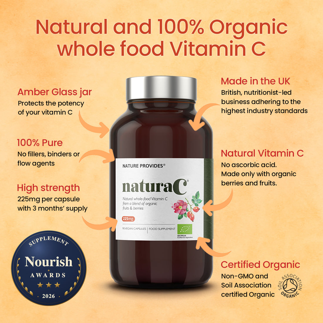 naturaC® (225 ملغ) فيتامين سي عضوي من الطعام الكامل - 90 كبسولة