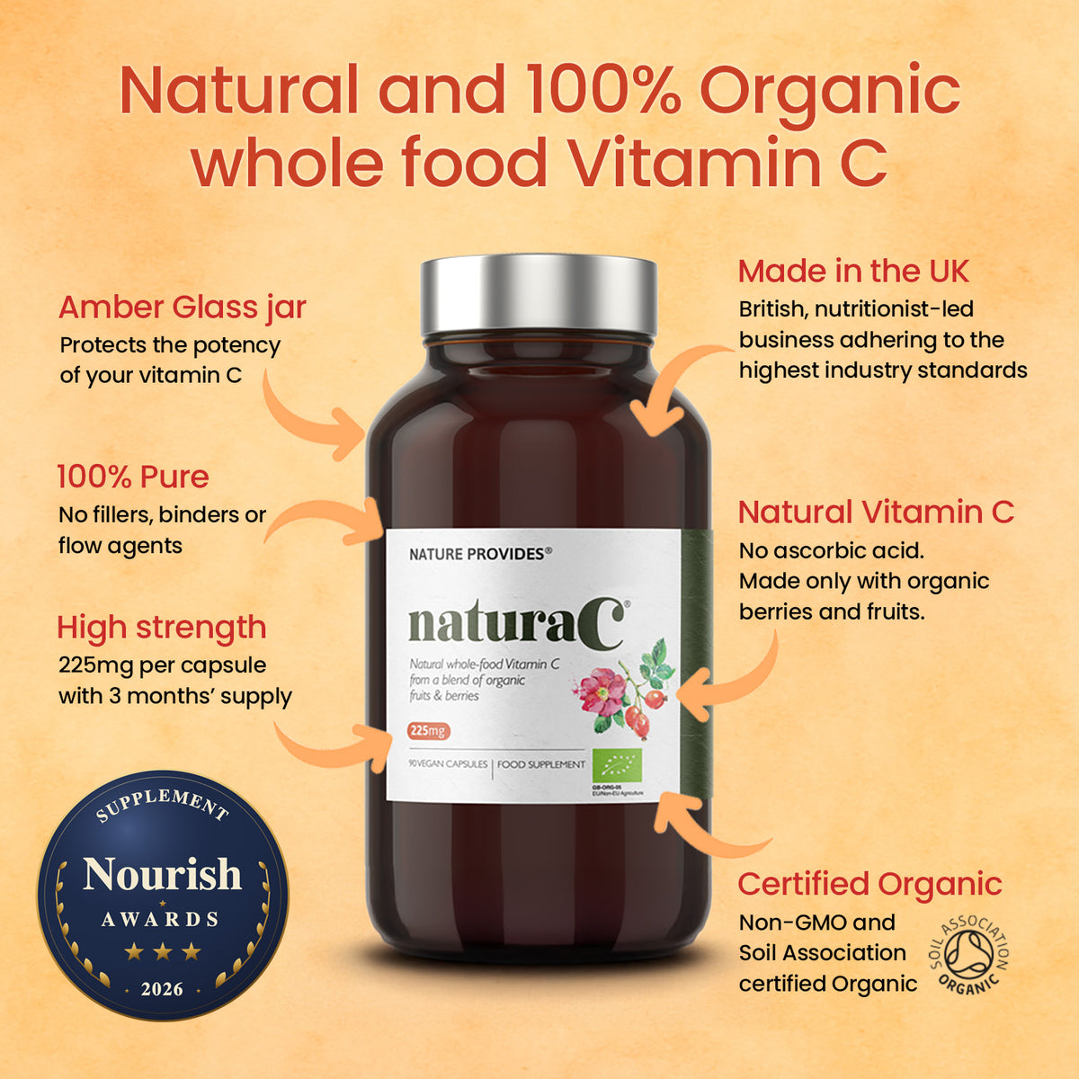 naturaC® (225 ملغ) فيتامين سي عضوي من الطعام الكامل - 90 كبسولة