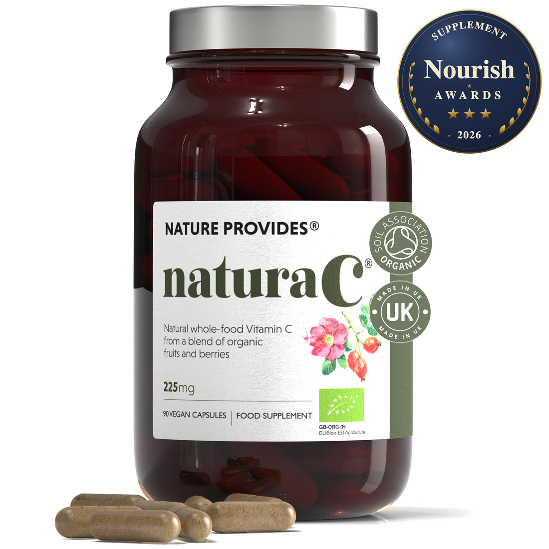naturaC® (225 ملغ) فيتامين سي عضوي من الطعام الكامل - 90 كبسولة