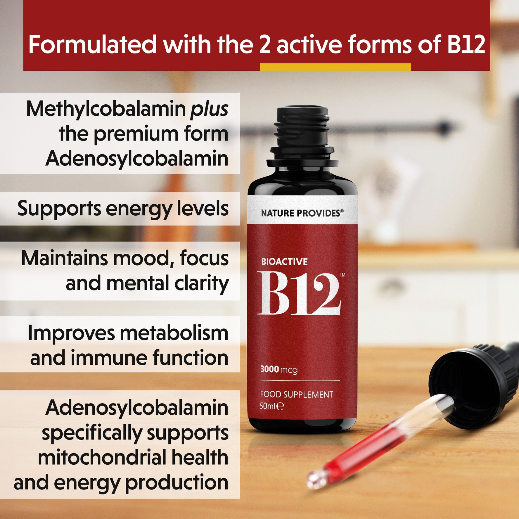 Bioactive B12 (3000 mcg) Liquid Coenzyme Vitamin B12 - 50ml - Nature Provides