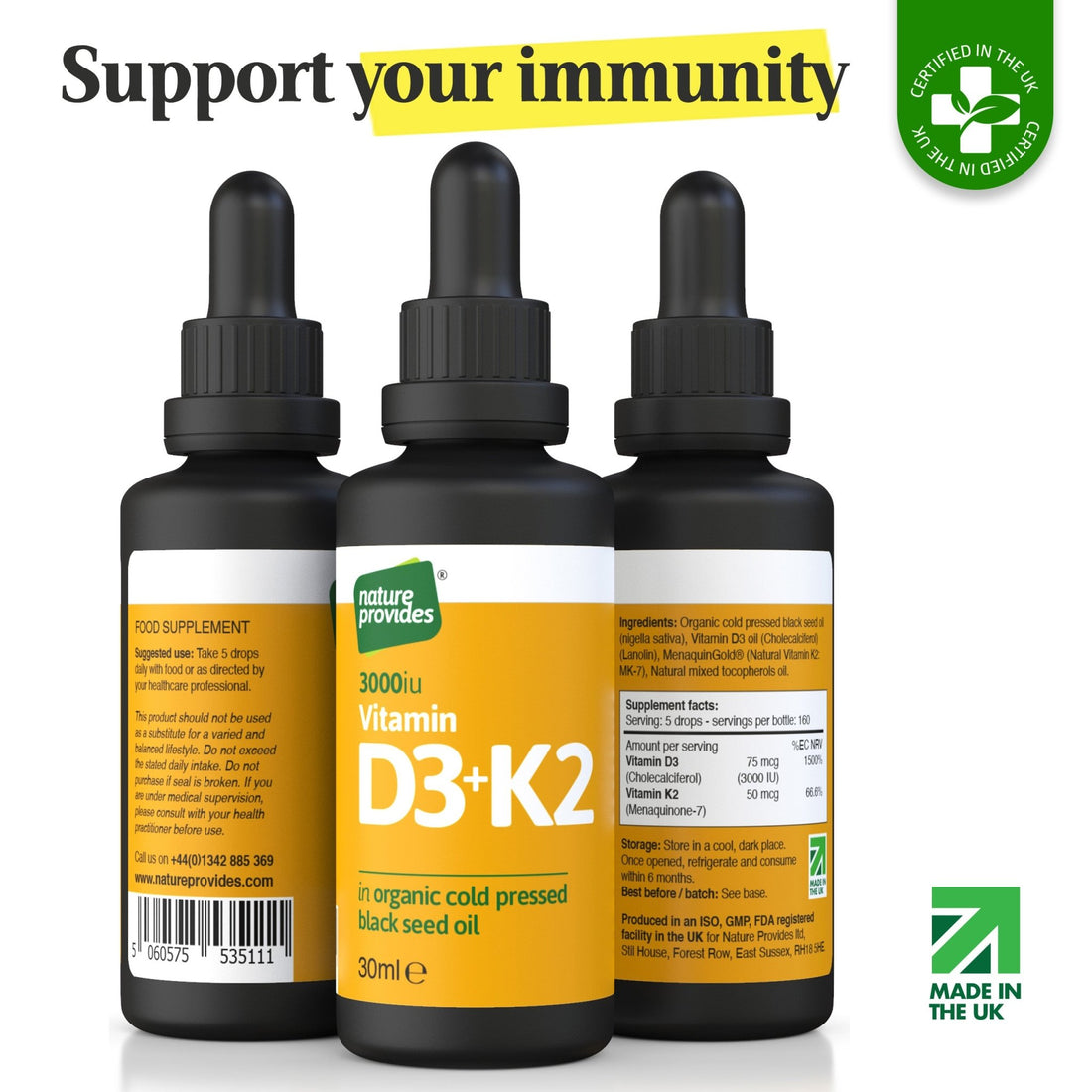 Liquid Vitamin D3 (3000IU) & K2 (MK - 7, 100% trans) in Organic Black Seed Oil / Nigella Sativa - 30ml - Nature Provides